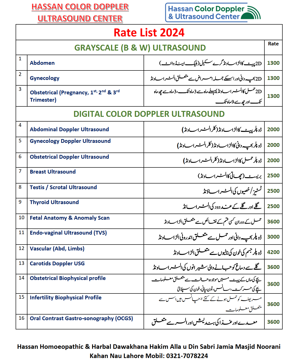 Hassan Color Doppler Ultrasound Rate List